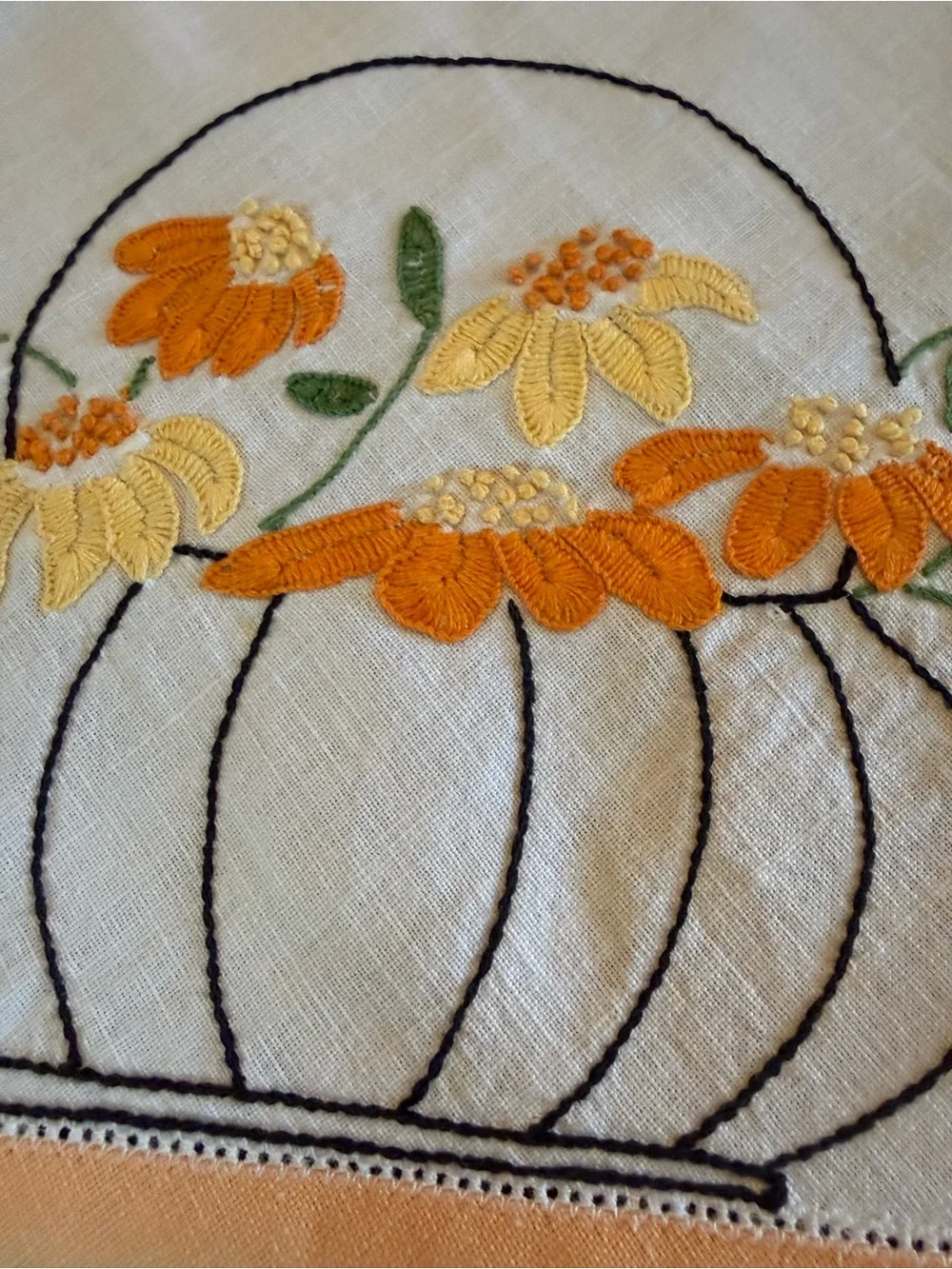 Vintage Embroidered Floral Basket Tablecloth - Orange and White Fall
